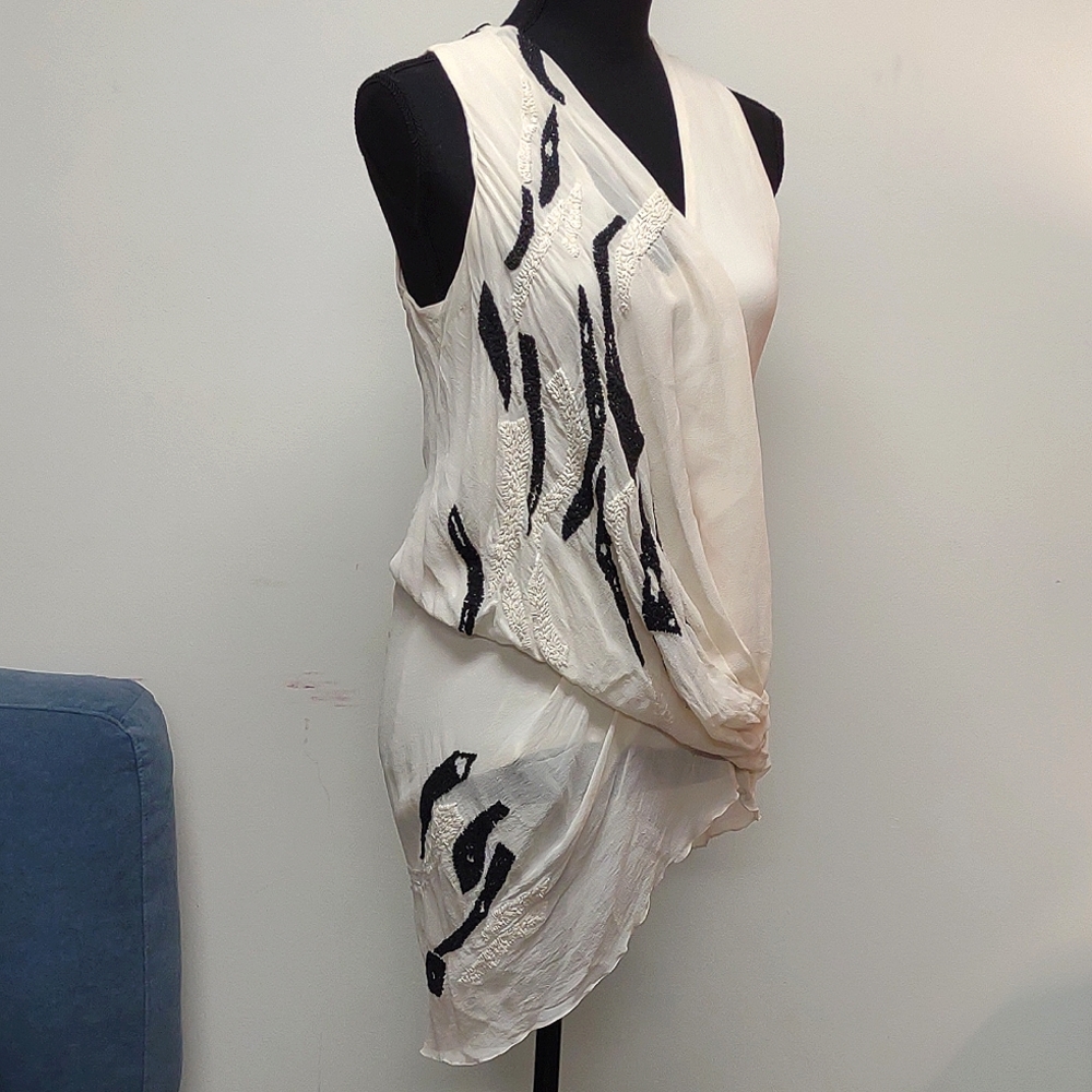 Helmut Lang Silk Tank Top Asymmetrical Embroidered Large Cream and Black Top